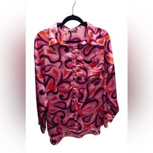 Vibrant Nasty Gal Abstract Satin Button-Up Blouse - Size 12